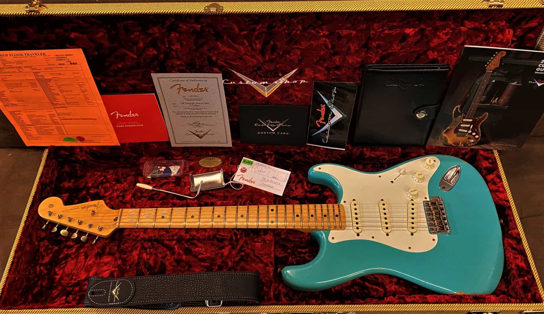 Sold - 1956 Fender Stratocaster Tomatillo III Relic Limited Edition Faded  Aged Taos Turquoise (Colour Change) June 21 APAC #12 - Black Dot Music