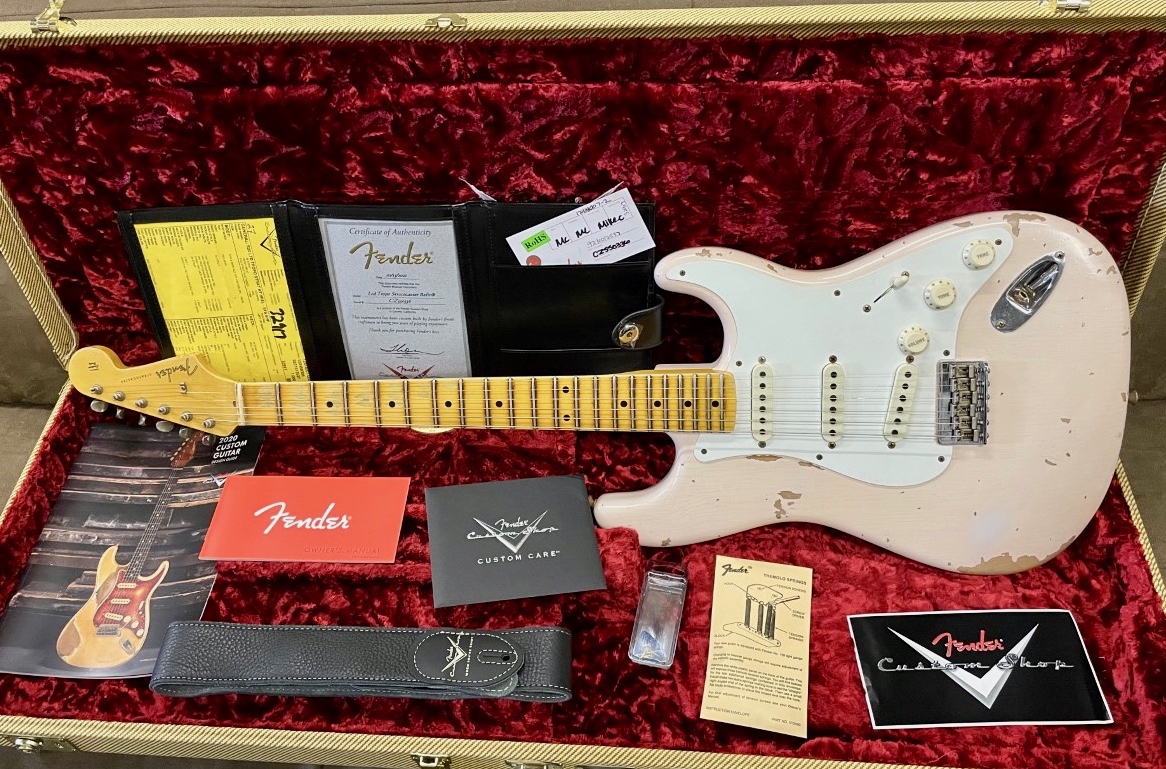 Sold - 1957 Fender Stratocaster Troposphere Hardtail, Fall 2020 Event,  Heavy Relic, Super Faded Aged Shell Pink - Black Dot Music