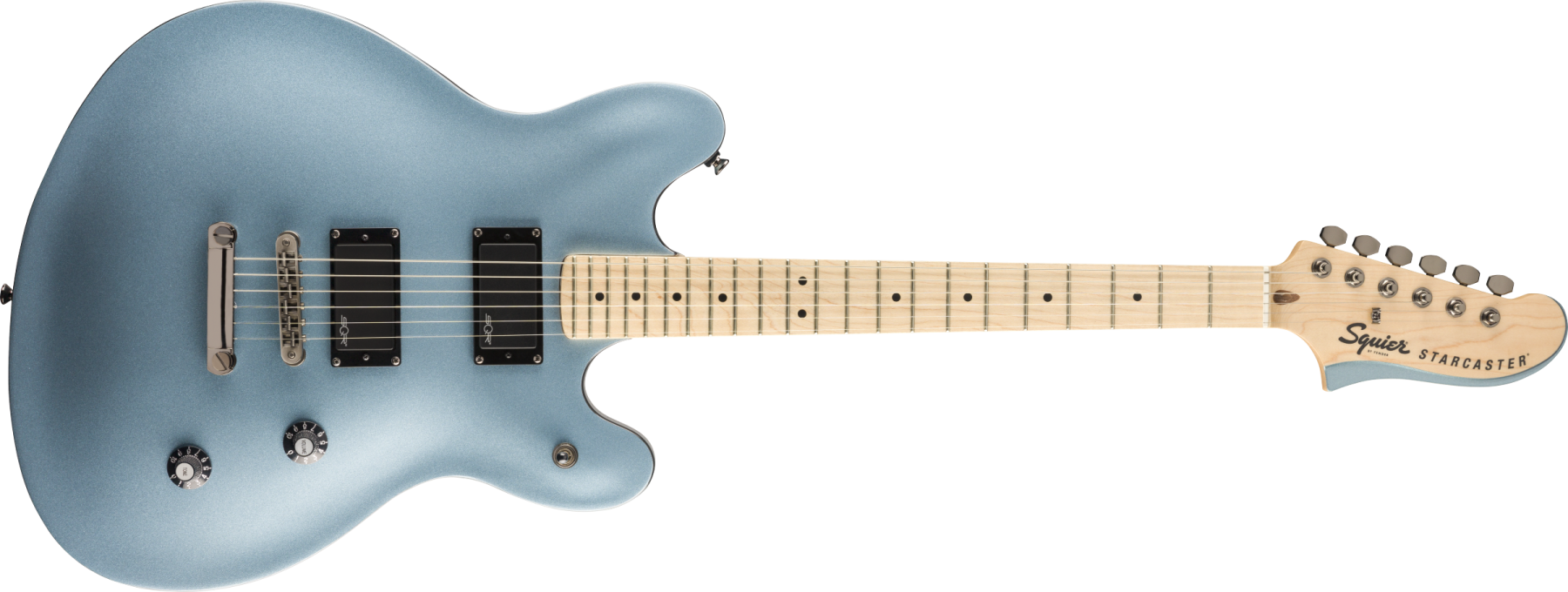 In Store Squier by Fender, Contemporary, Active Starcaster, Maple  Fingerboard, Ice Blue Metallic Black Dot Music